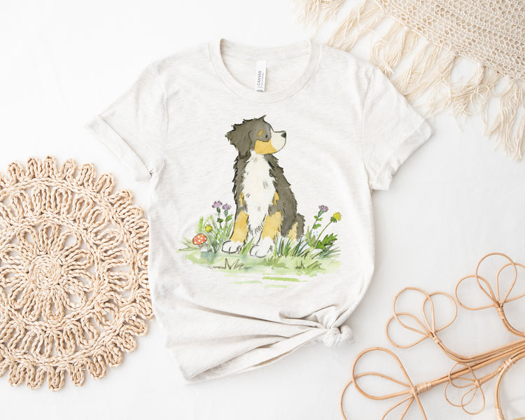 cream colored short sleeve t shirt with bernese mountain dog