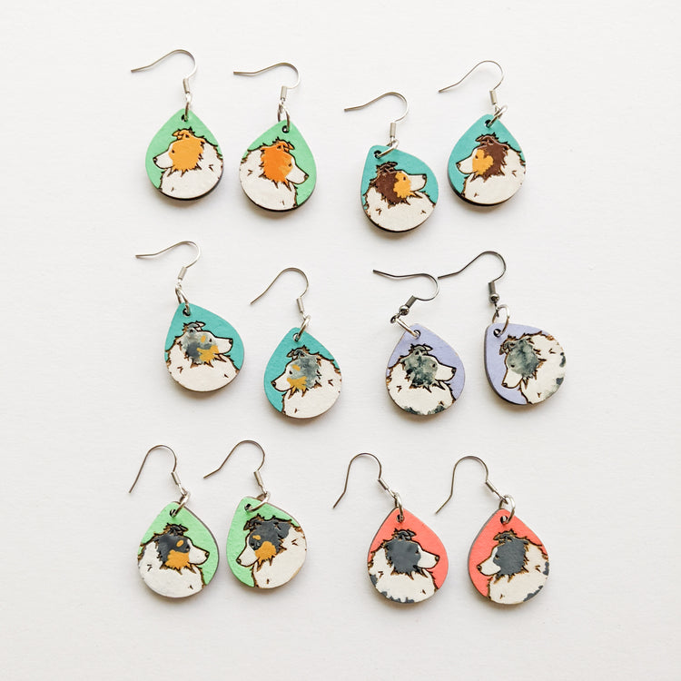hand painted wood laser engraved sheltie earrings