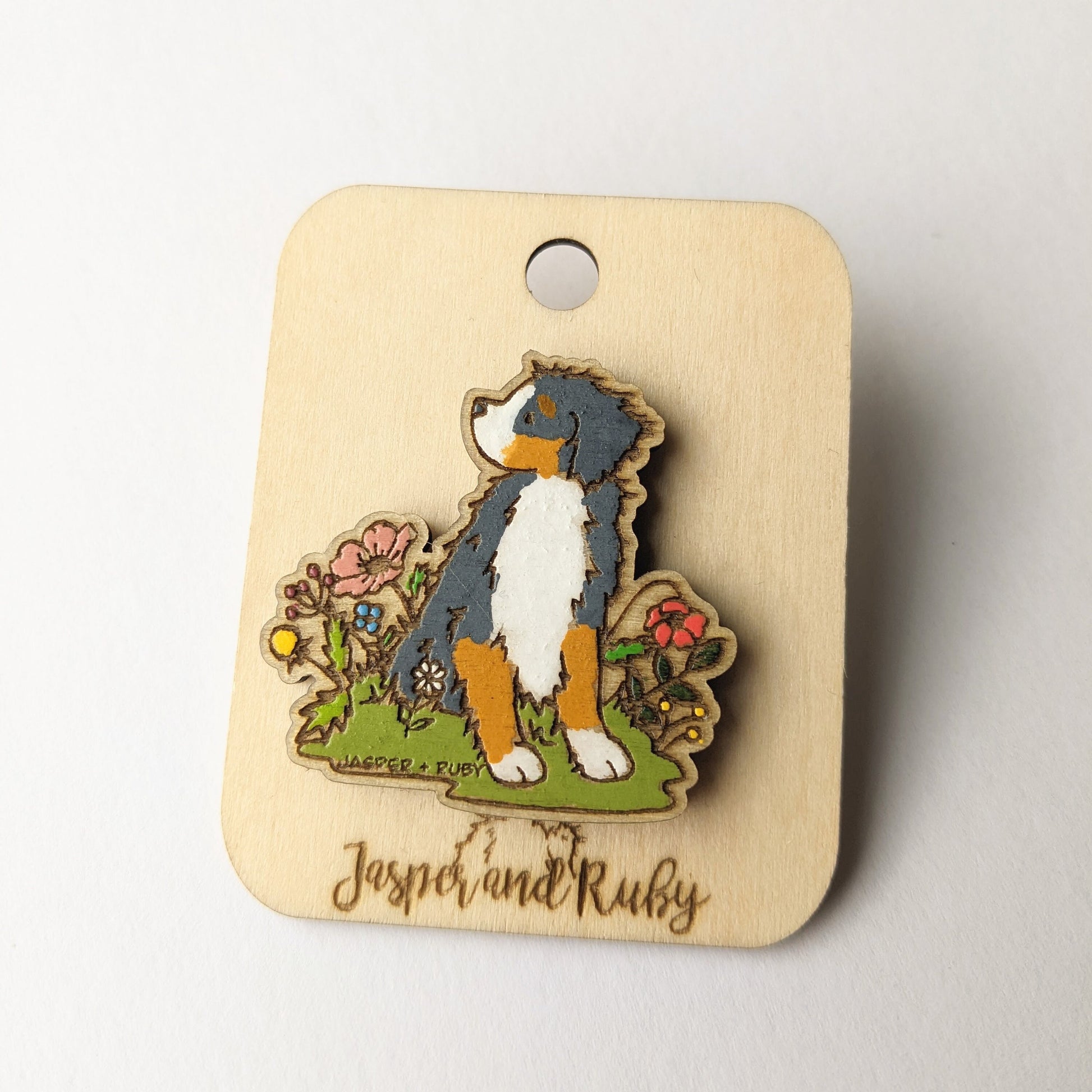 Hand painted laser engraved wood Bernese Mountain Dog pin.