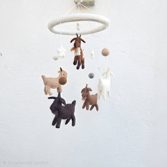 Baby mobile with plush animals on a white background