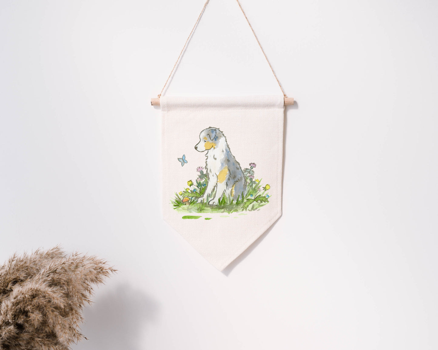 blue merle Australian Shepherd on a cotton canvas banner wall hanging