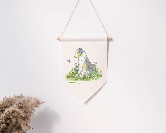 blue merle Australian Shepherd on a cotton canvas banner wall hanging