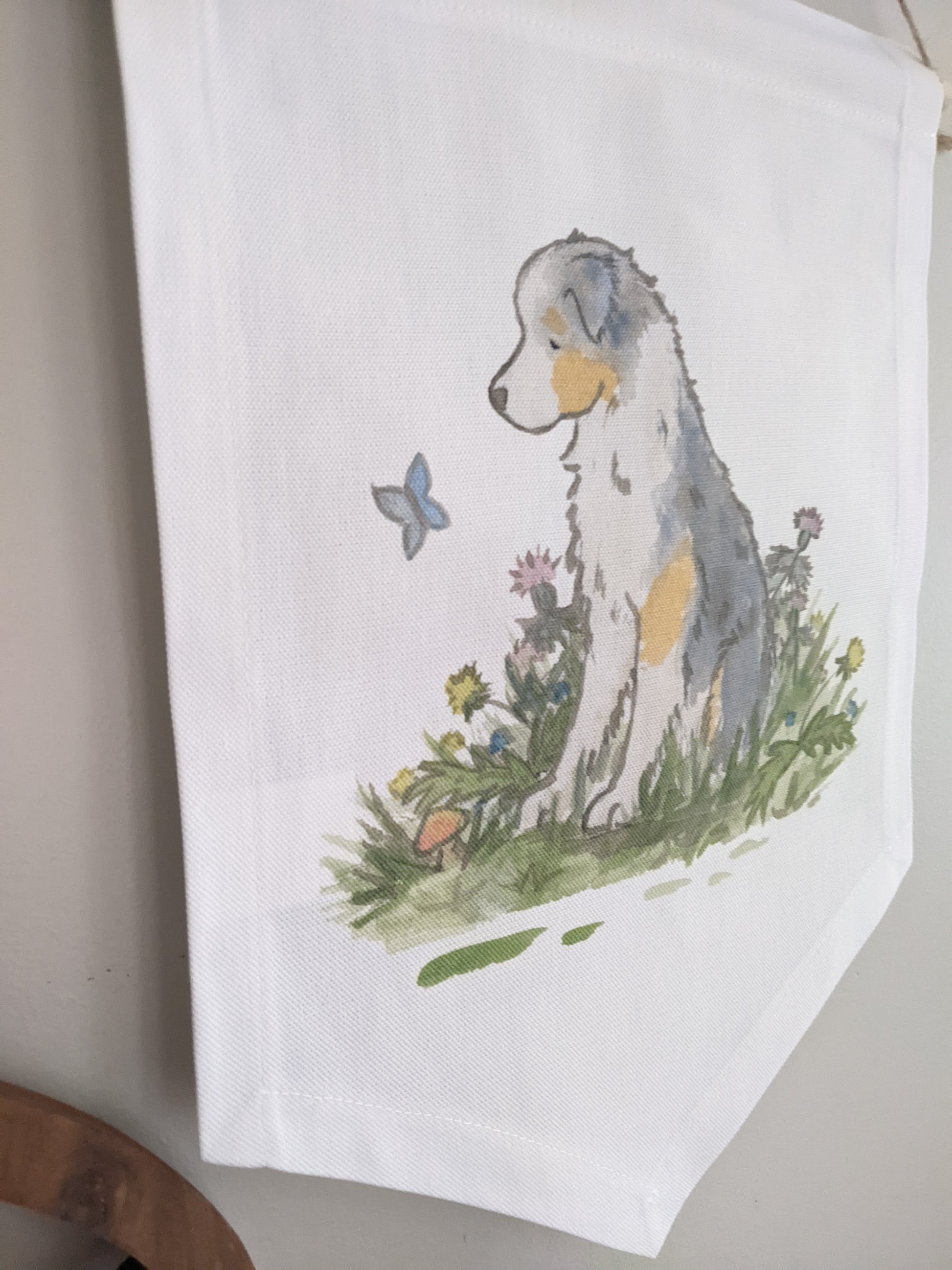 blue merle Australian Shepherd on a cotton canvas banner wall hanging