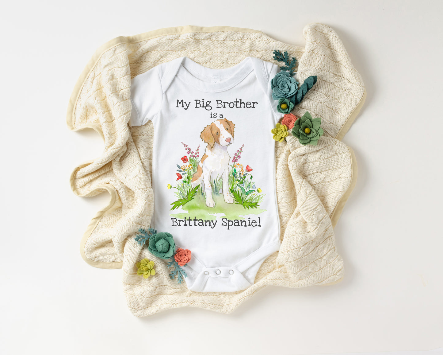Baby onesie with a brittany spaniel dog illustration and text on a white background