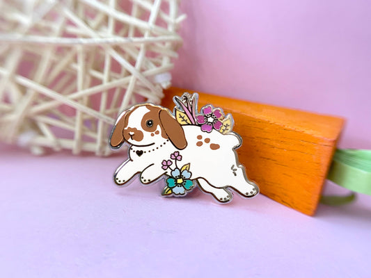 brown and white lop bunny enamel pin