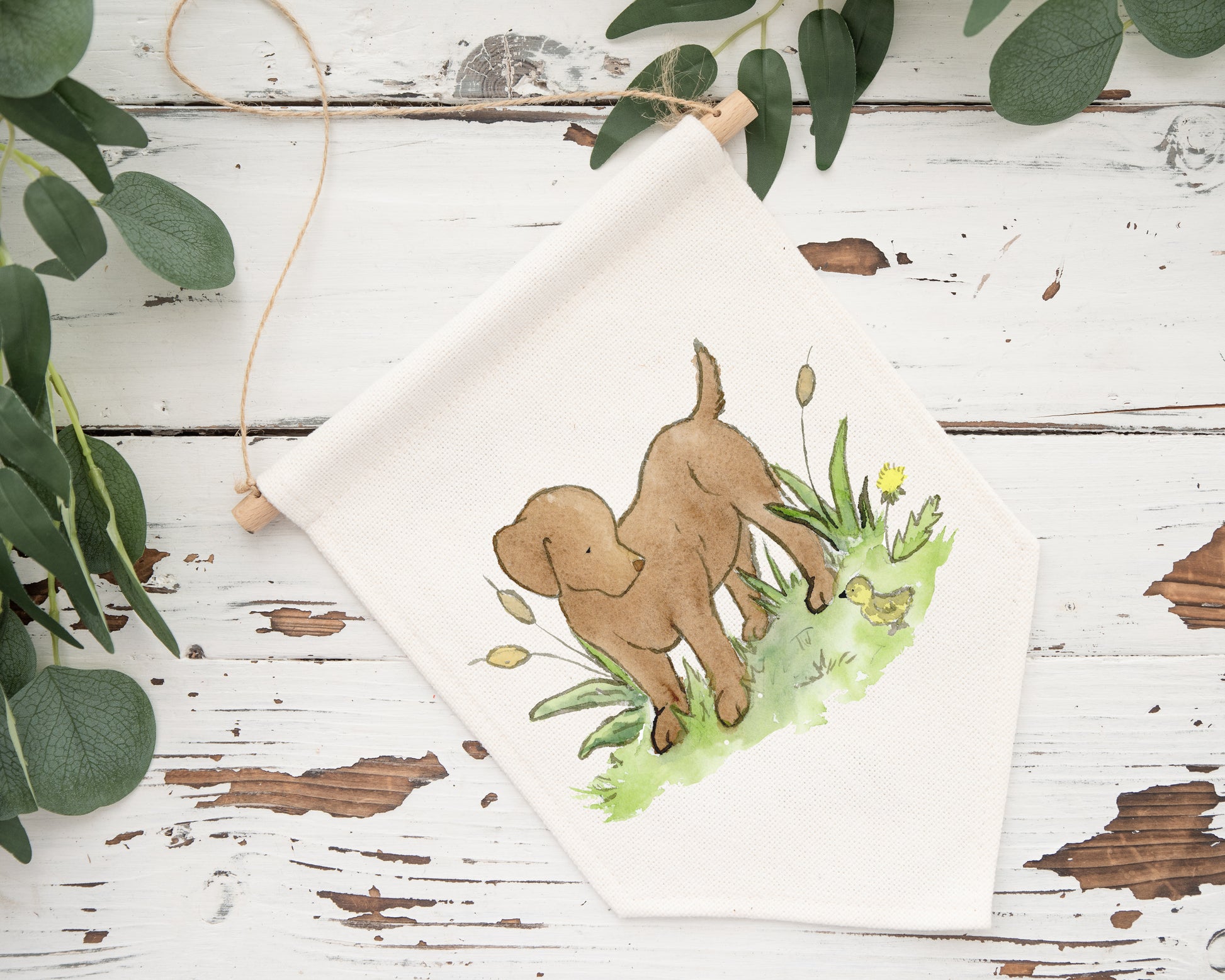 chocolate lab puppy on a cotton canvas banner wall hanging