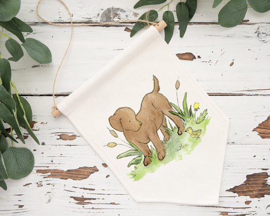 chocolate lab puppy on a cotton canvas banner wall hanging