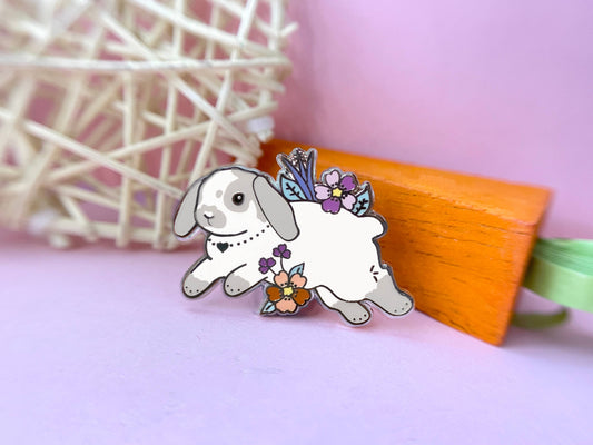 grey and white lop bunny enamel pin