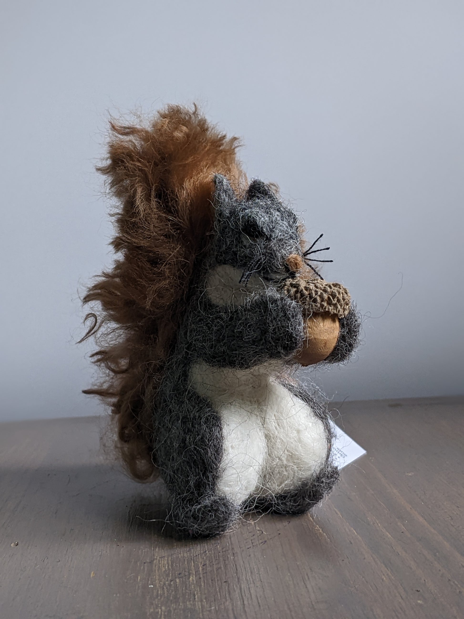 grey and brown needle felted alpaca wool squirrel sculpture