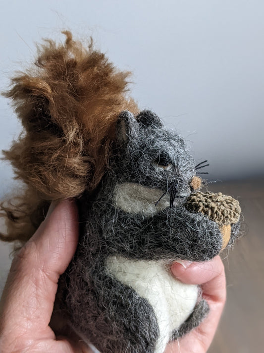 grey and brown needle felted alpaca wool squirrel sculpture