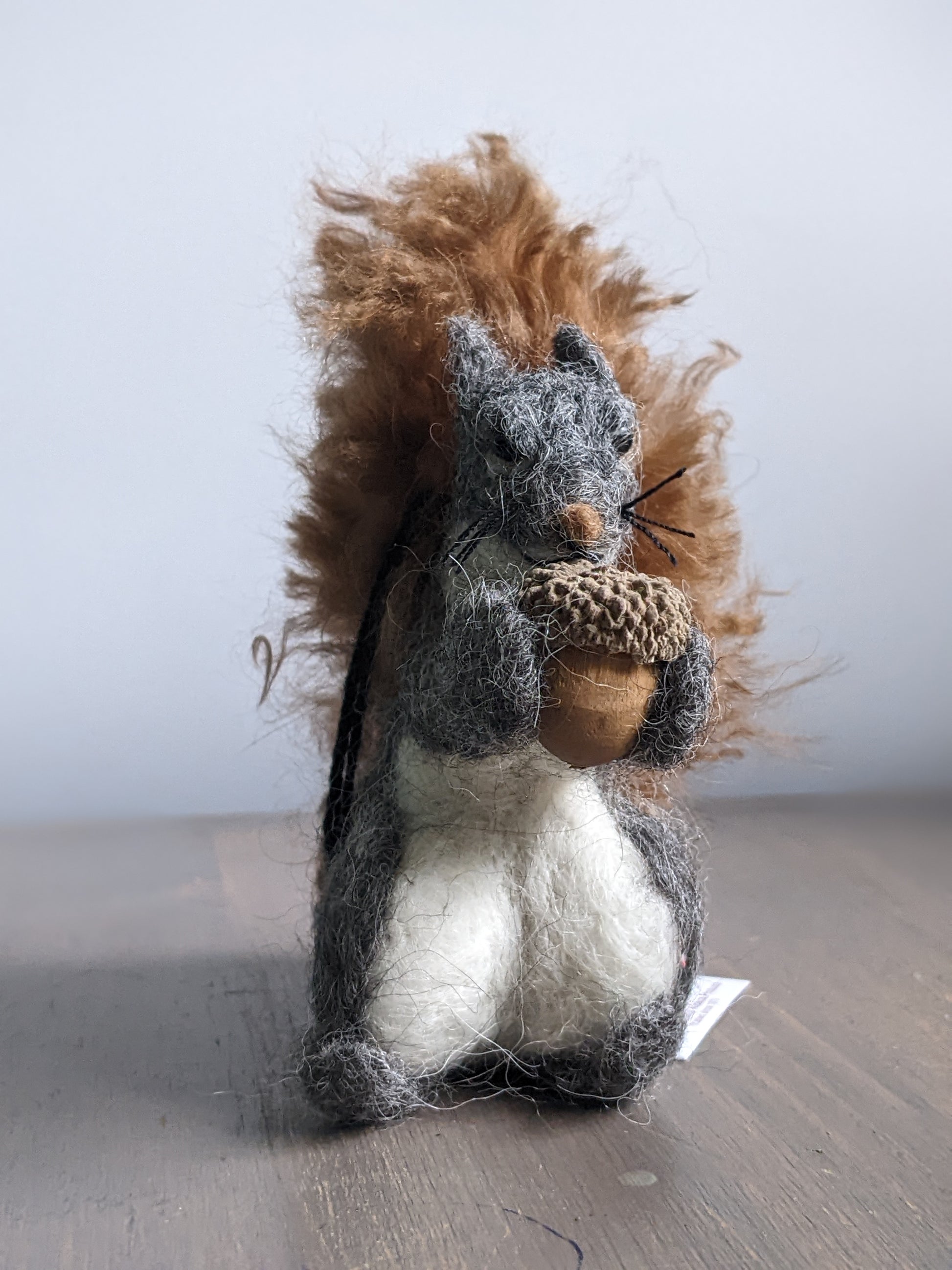 grey and brown needle felted alpaca wool squirrel sculpture