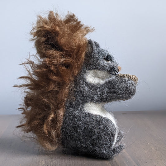 grey and brown needle felted alpaca wool squirrel sculpture