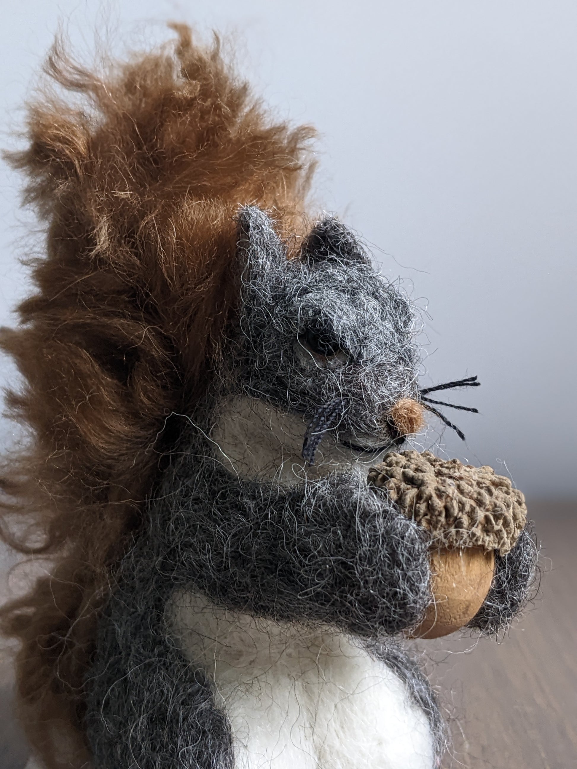 grey and brown needle felted alpaca wool squirrel sculpture
