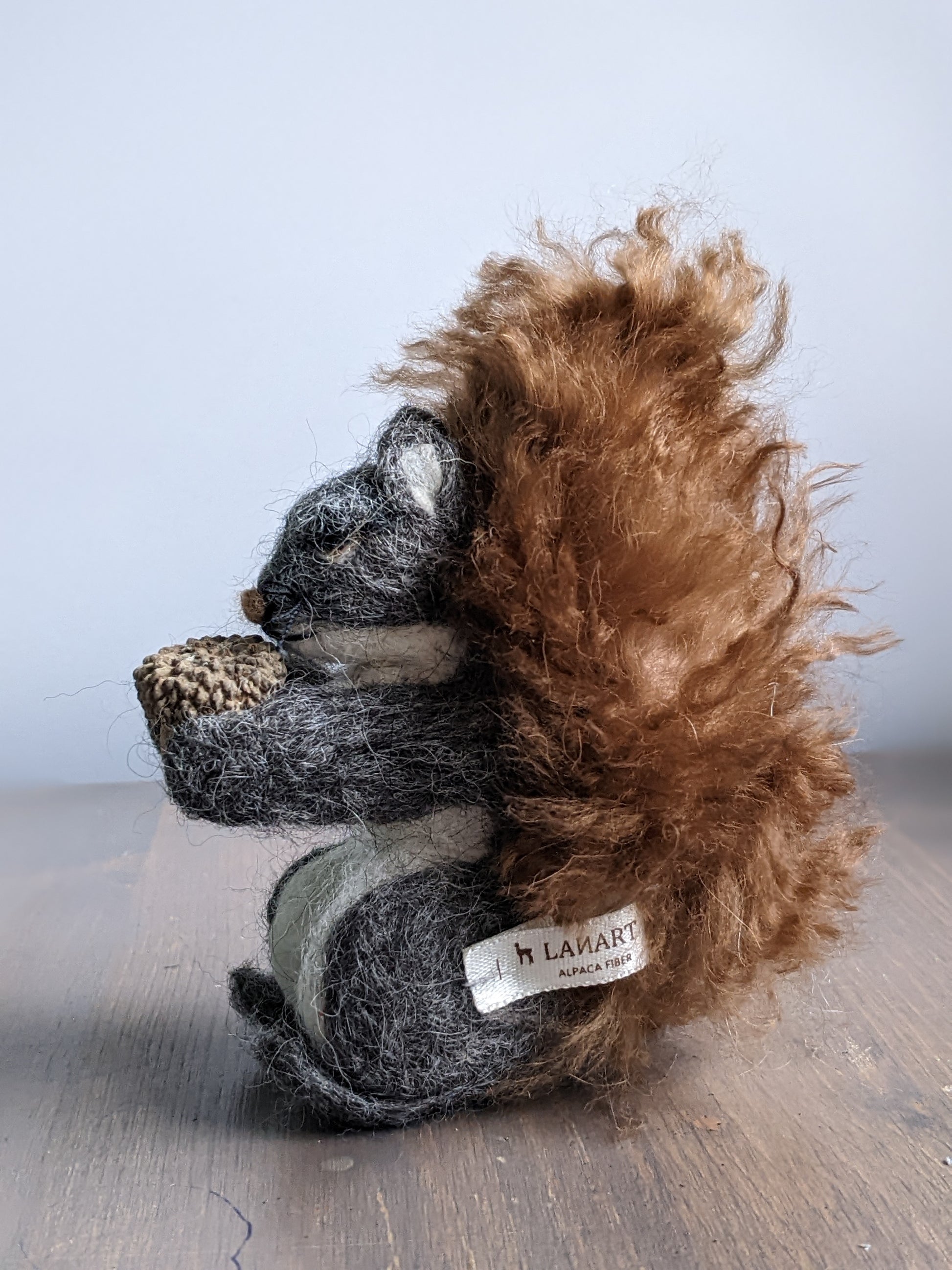grey and brown needle felted alpaca wool squirrel sculpture