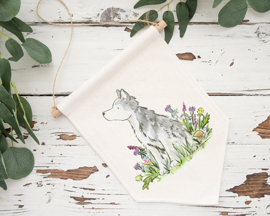 siberian husky and flowers on a cotton canvas banner wall hanging