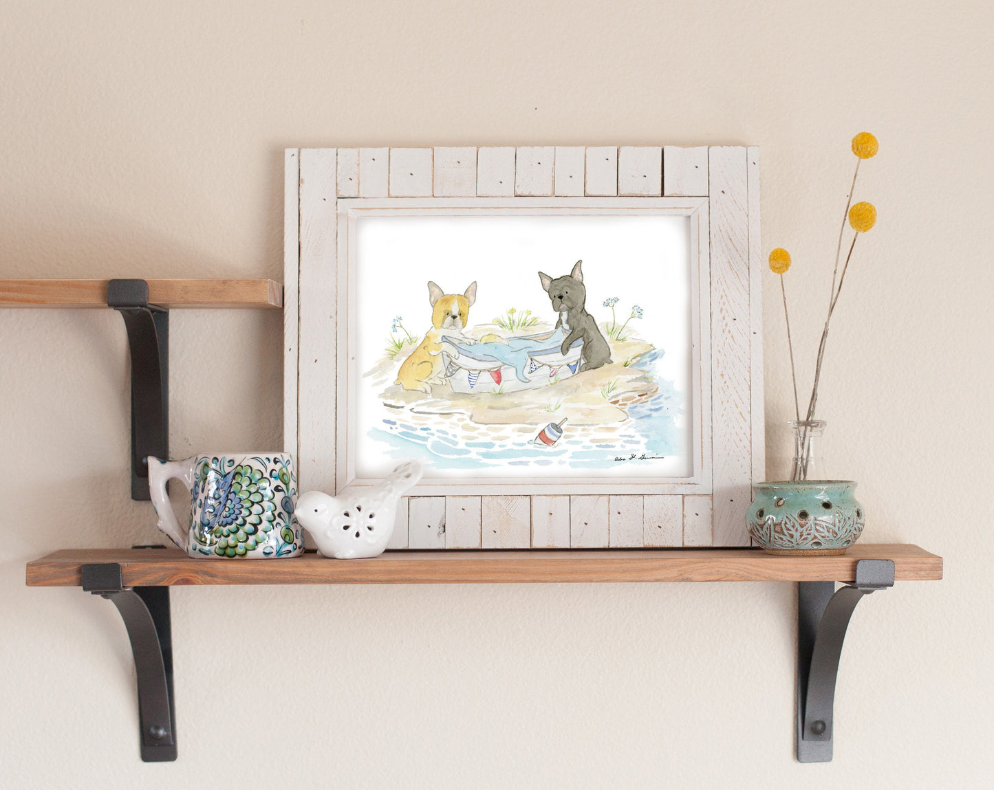 French Bulldog Art Print- Watercolor Bulldogs at the Beach, Puppy Nursery Art