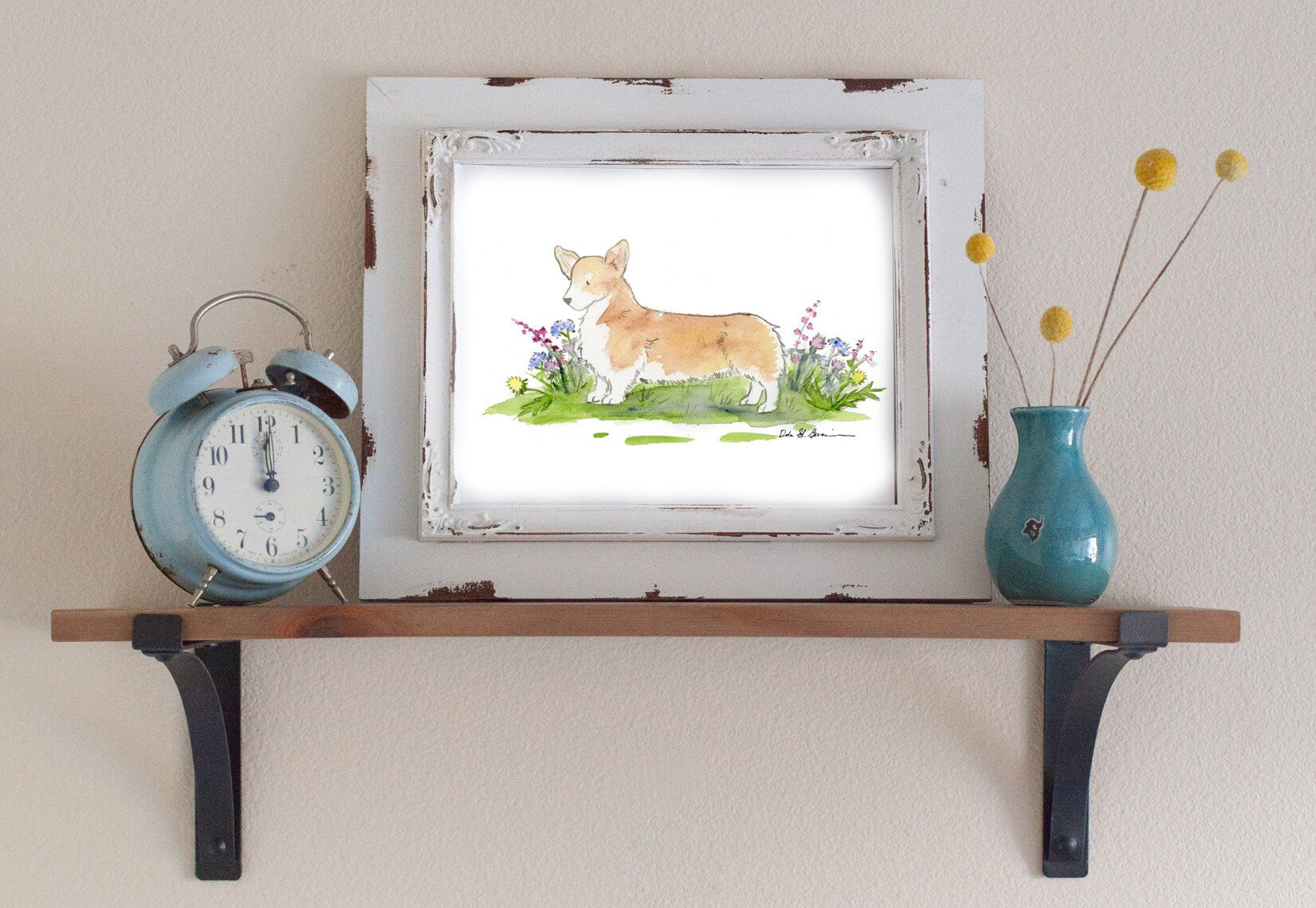 Welsh Corgi Art Print, Corgi and Wildflowers