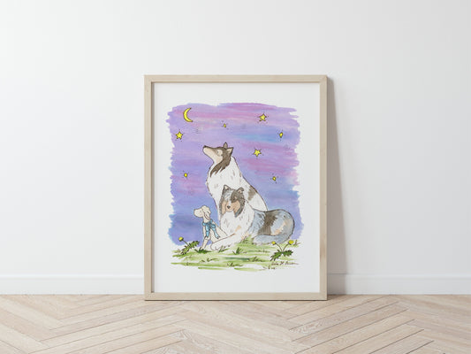 Collie Watercolor Art Print, Blue Merle Collies, The Wishing Star 2, Starry Sky Dog Art