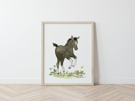 Pony Art, Black Foal Watercolor Print, Horse Nursery Art