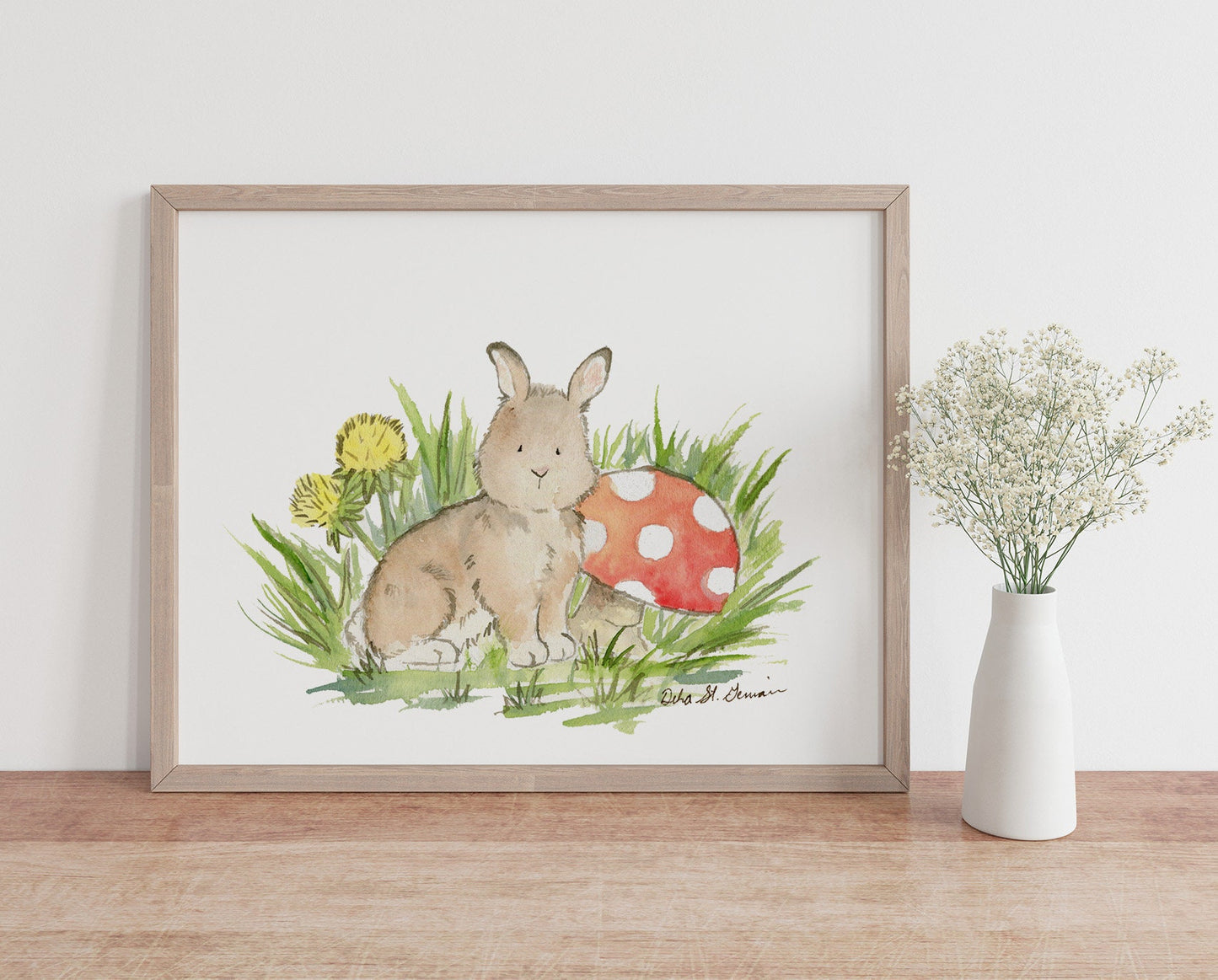 Woodland Nursery Art, Bunny with Mushroom Watercolor Print