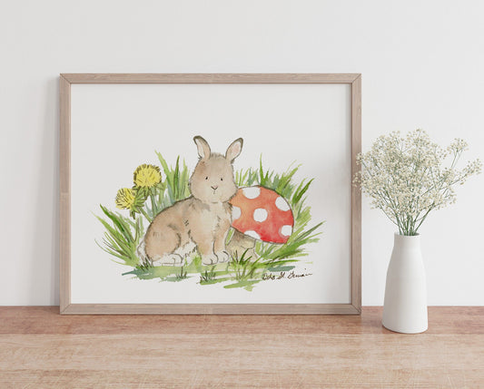 Woodland Nursery Art, Bunny with Mushroom Watercolor Print