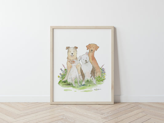 Watercolor Dog Art Print, Dog Painting, Rescue Dog Art, Mixed Breed Dog Family