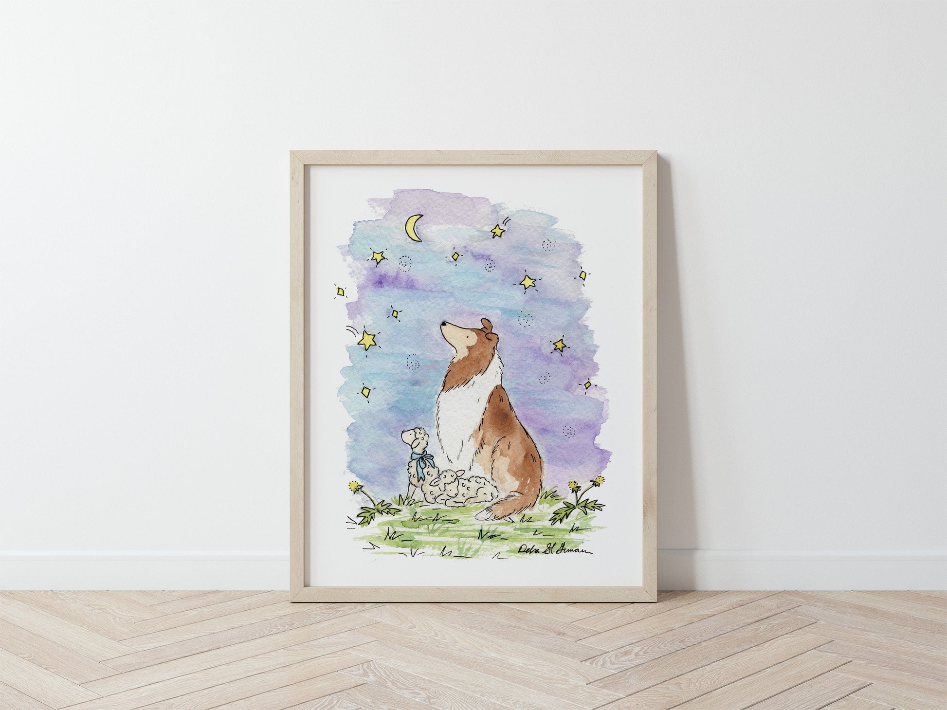 Rough Collie Watercolor Art Print, Wishing Star Nursery Art