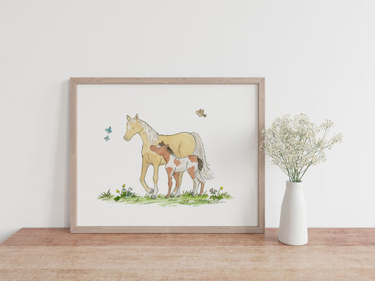 Pony Watercolor Art, Mare and Foal Watercolor Print