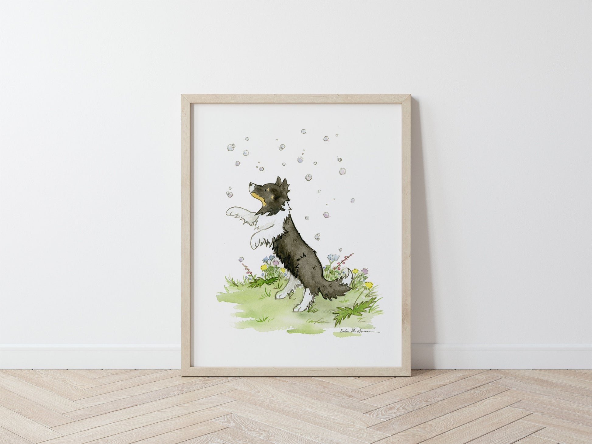 Sheltie with Bubbles Art, Watercolor Print, Art for Dog Lovers
