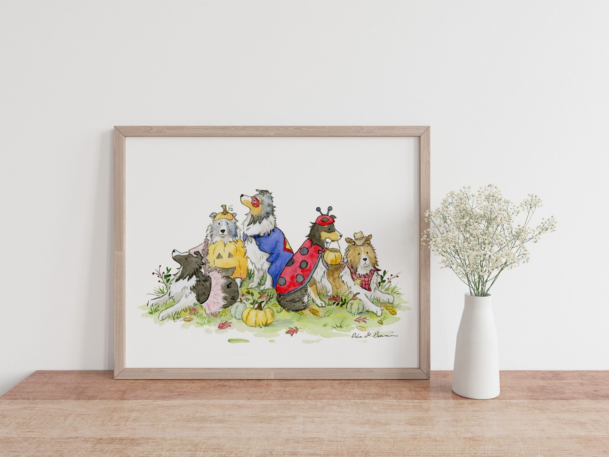 Shetland Sheepdog Watercolor Print, "Happy Howloween!" Trick-Or-Treating Sheltie Art, Halloween Dog Art