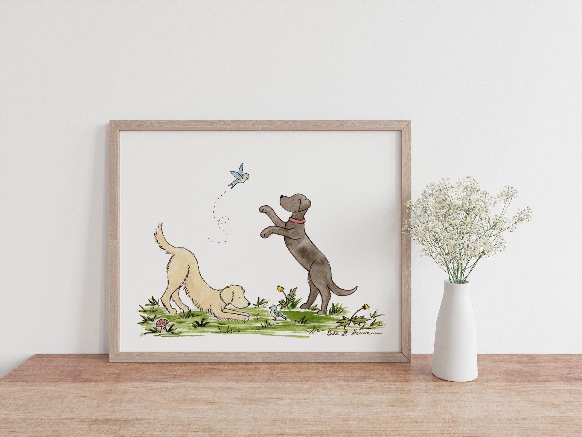 Golden Retriever and Black Lab Art Print, Puppy Nursery Art