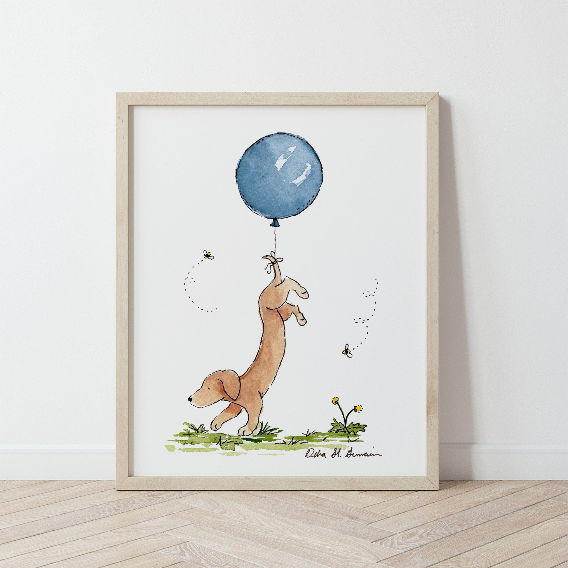 Dachshund with Blue Balloon Art Print, Puppy Nursery Art, Wiener Dog Gift