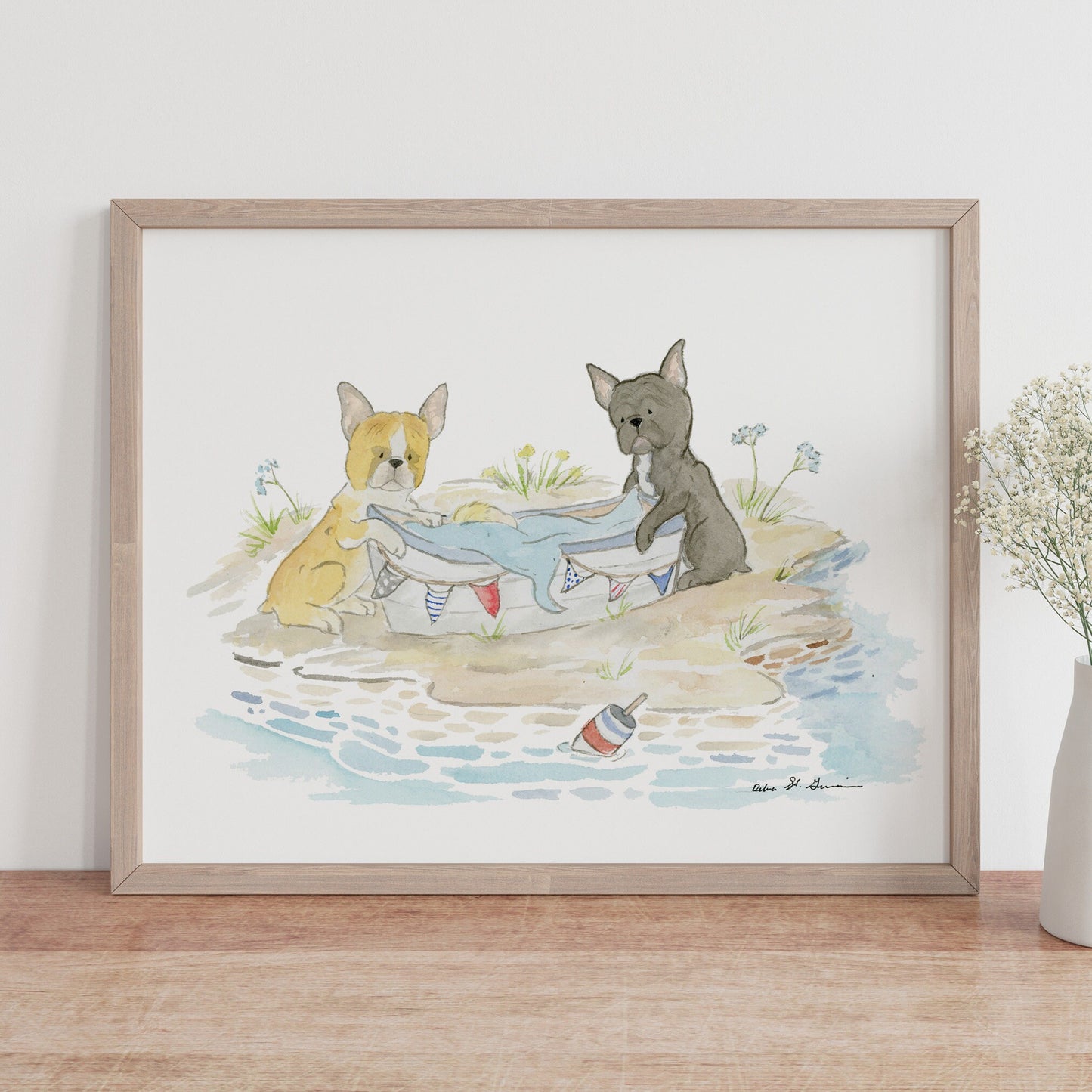 French Bulldog Art Print- Watercolor Bulldogs at the Beach, Puppy Nursery Art