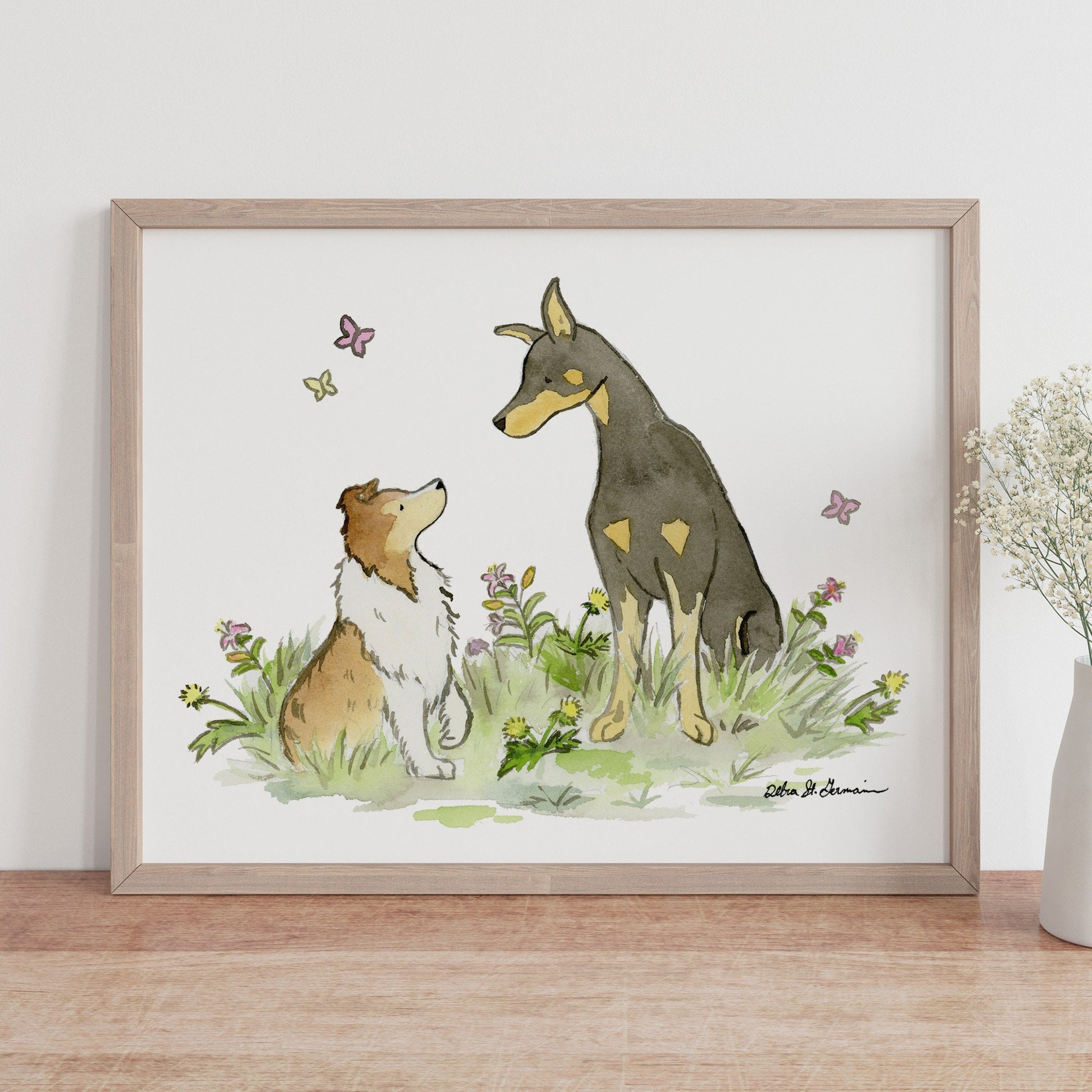 Shetland Sheepdog and Doberman Pinscher Watercolor Art Print