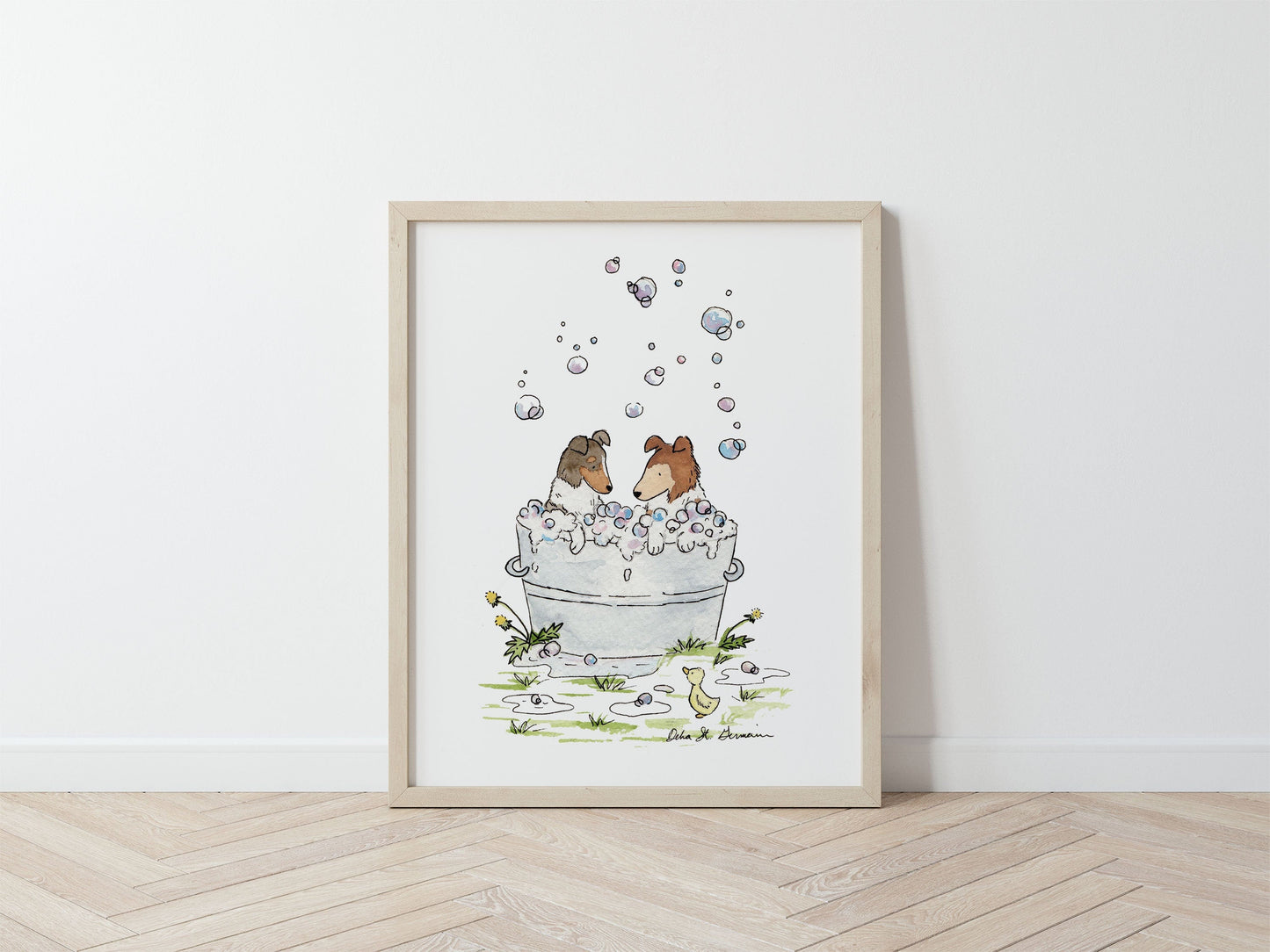 Collie Wall Art, Watercolor Collie Print, Collies in a Bathtub, Art for Dog Lovers