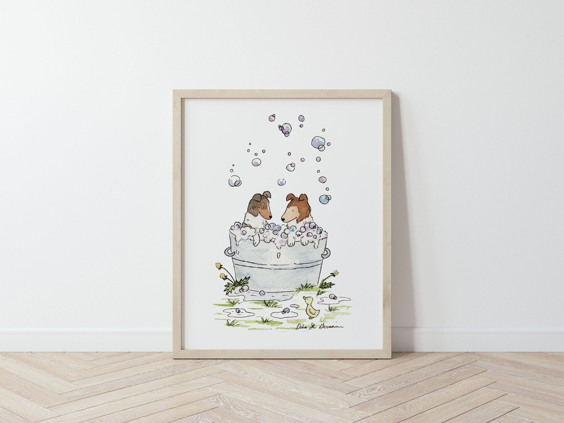 Collie Wall Art, Watercolor Collie Print, Collies in a Bathtub, Art for Dog Lovers