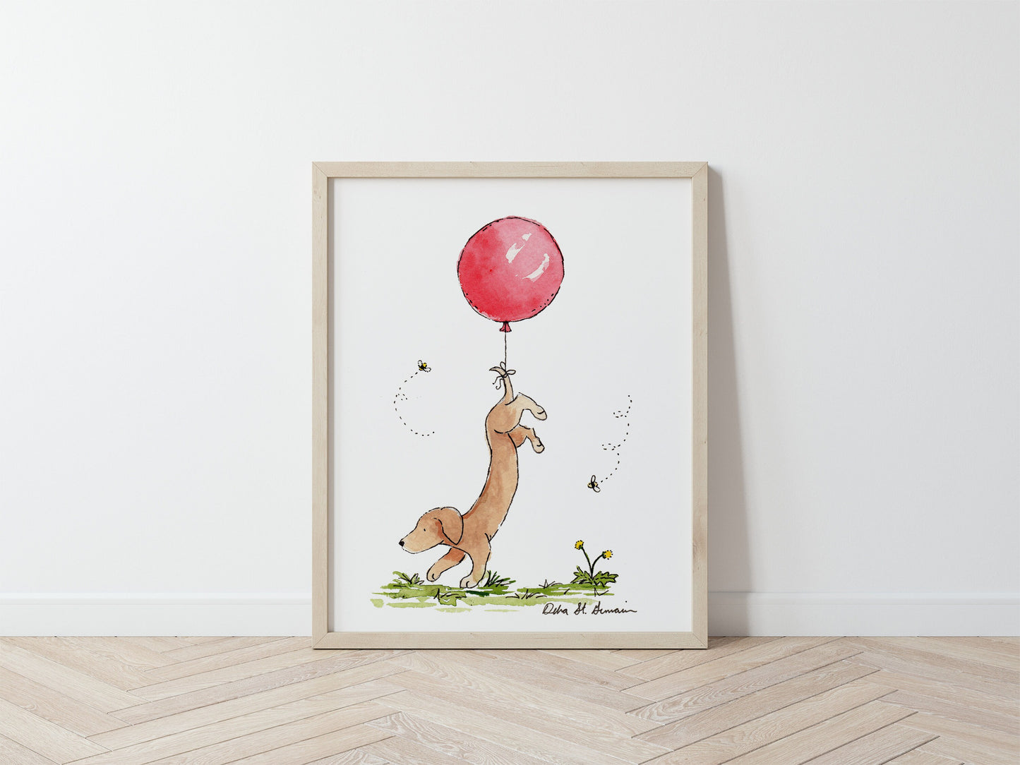 Dachshund Red Balloon Watercolor Art Print, Gift for Dachshund Lovers