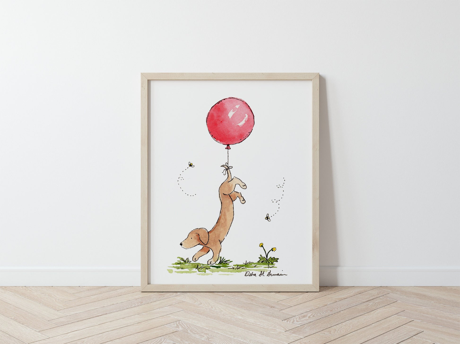 Dachshund Red Balloon Watercolor Art Print, Gift for Dachshund Lovers