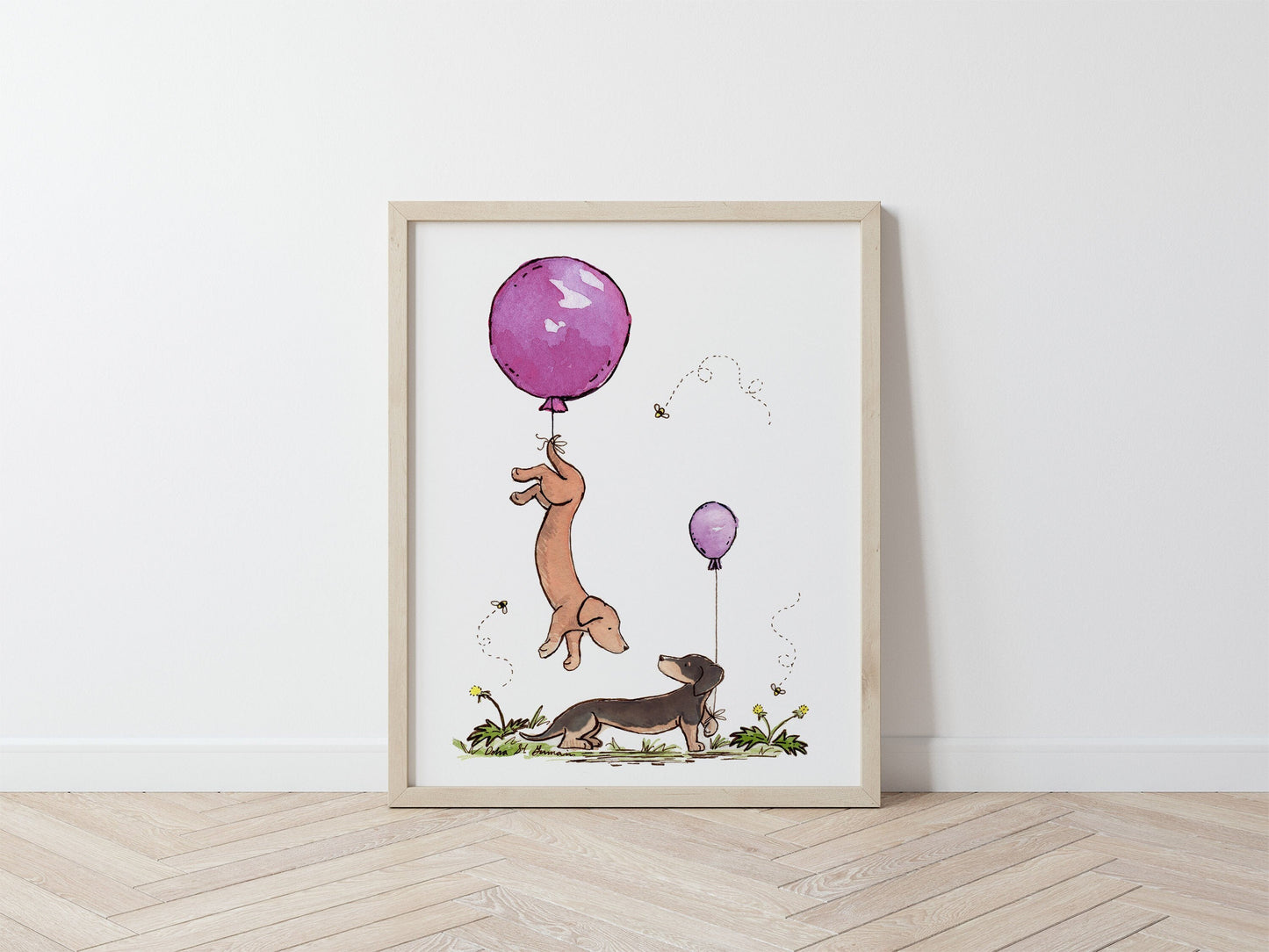Dachshunds with Purple Balloons Art, Puppy Nursery Print