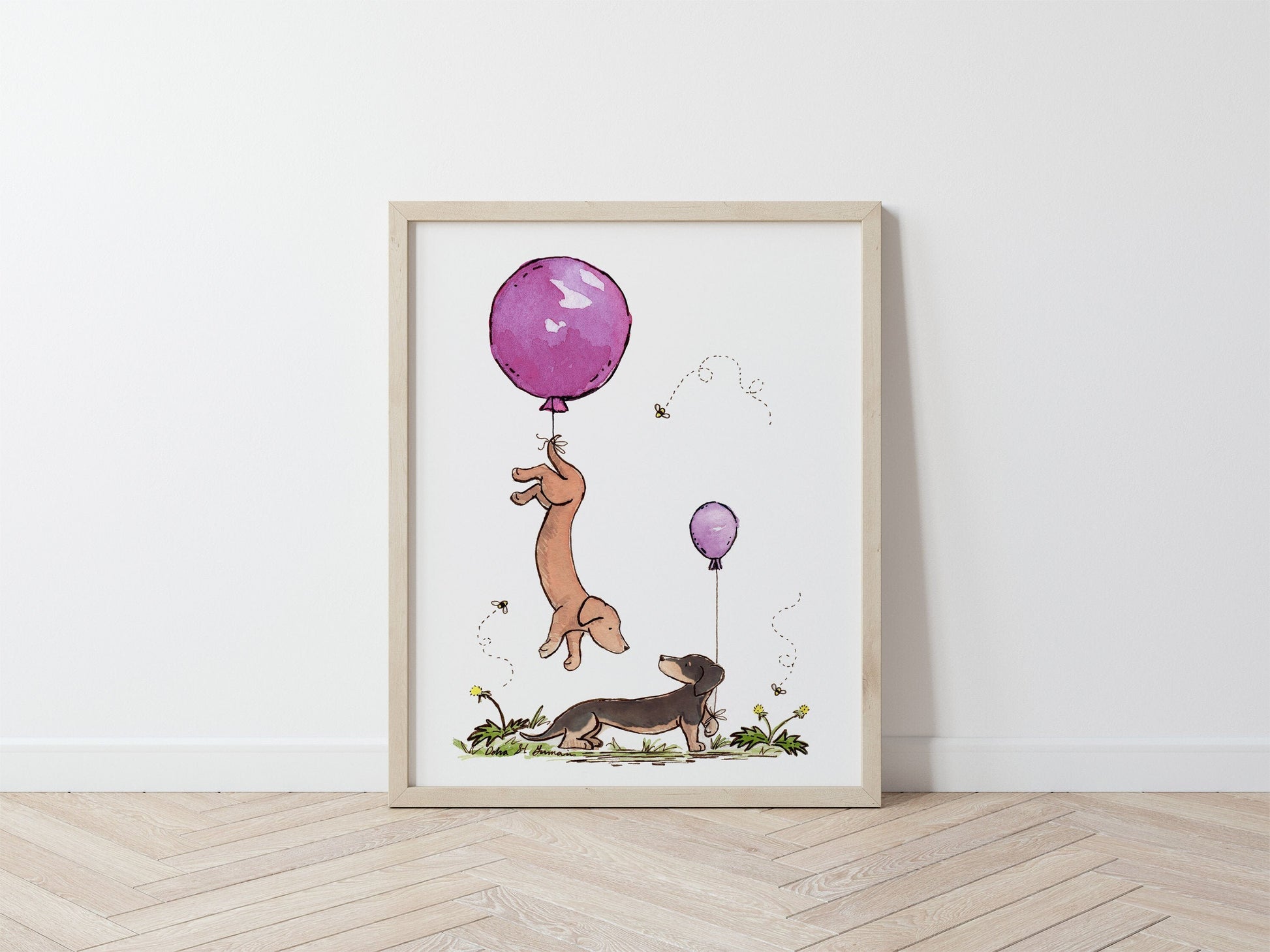 Dachshunds with Purple Balloons Art, Puppy Nursery Print