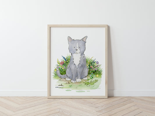 Gray Cat Watercolor Art Print, Cute Cat For Cat Lovers