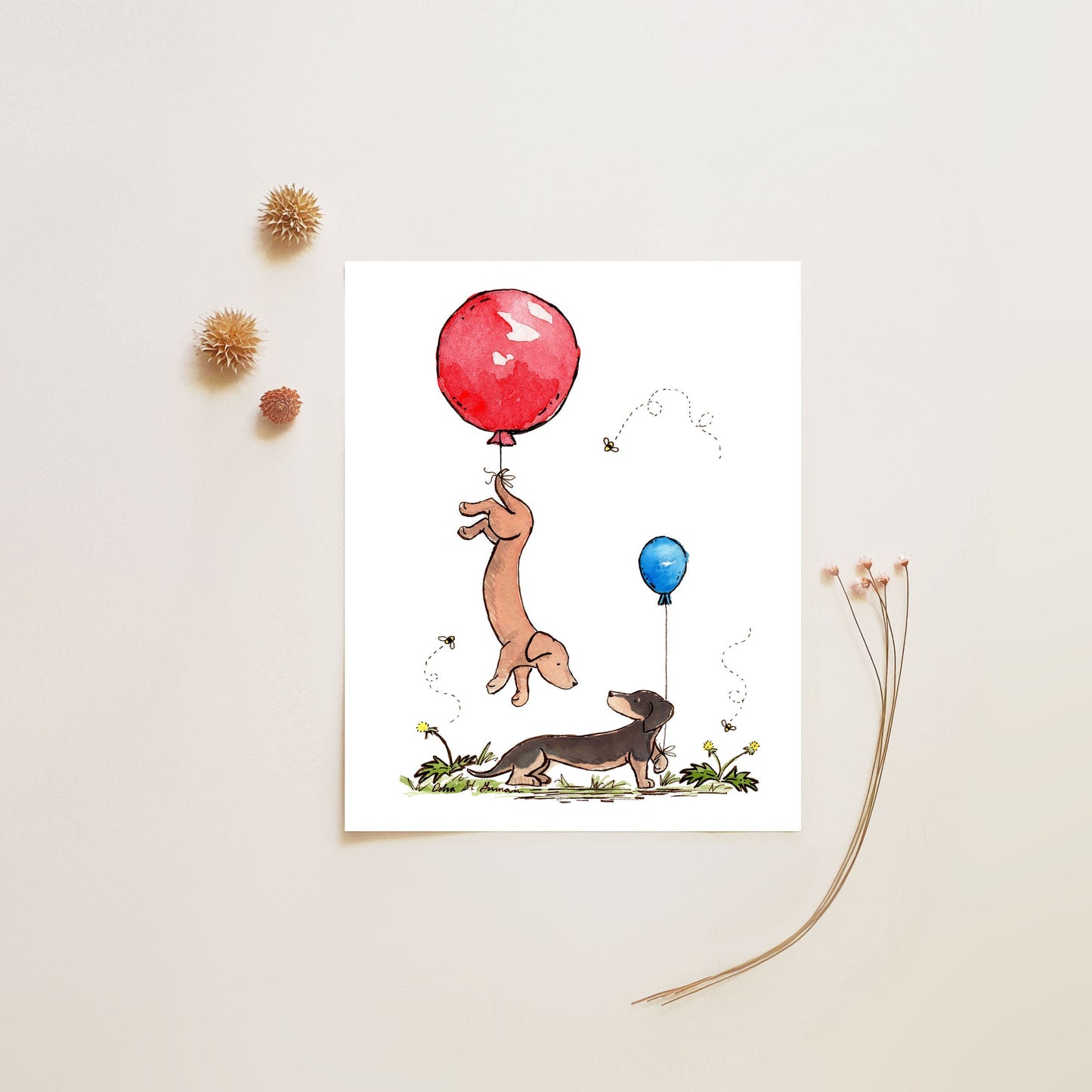 Dachshunds with Balloons Art Print, Puppy Nursery Decor
