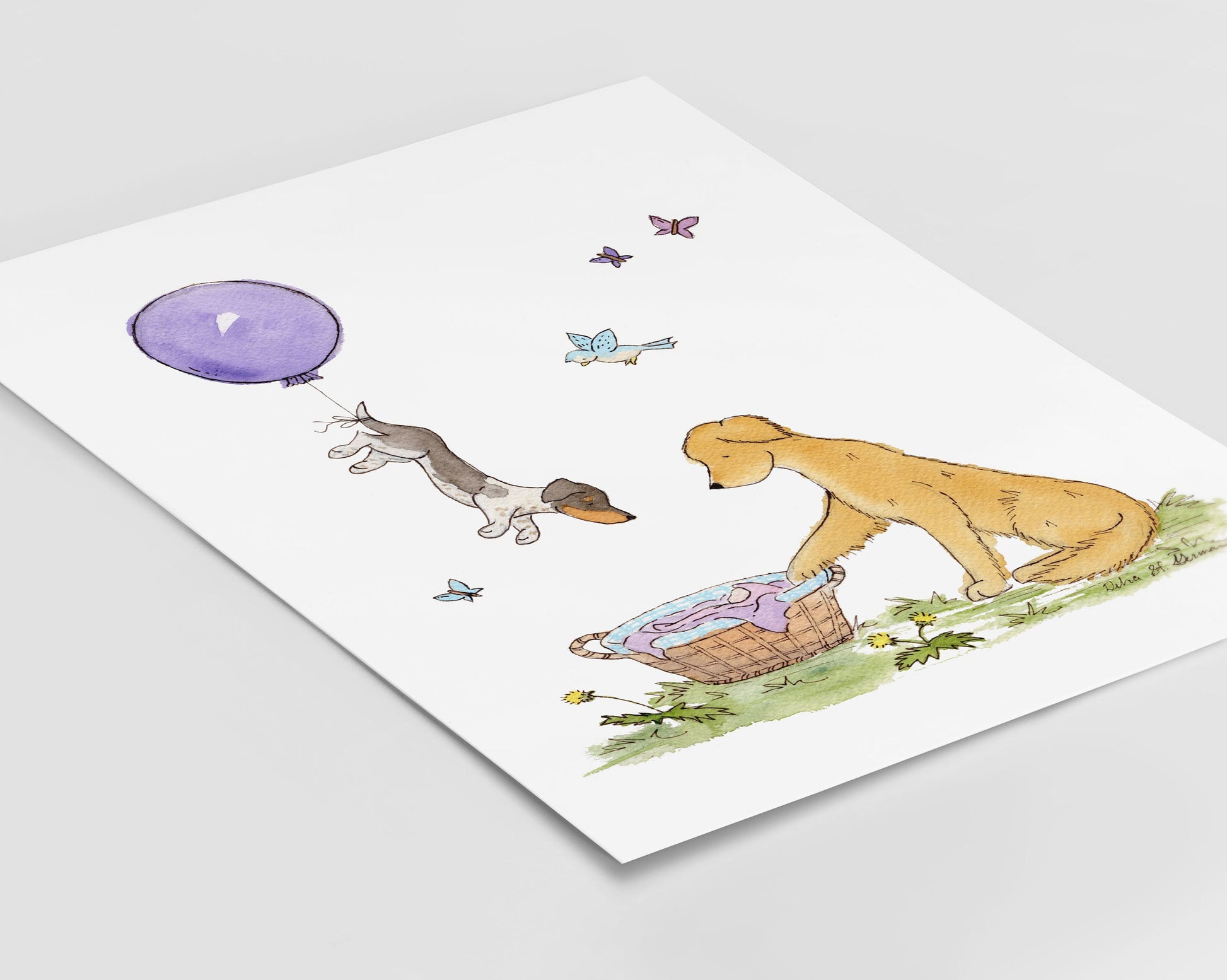 Golden Retriever Nursery Art Print, Dachshund and Golden Retriever with Purple Balloon