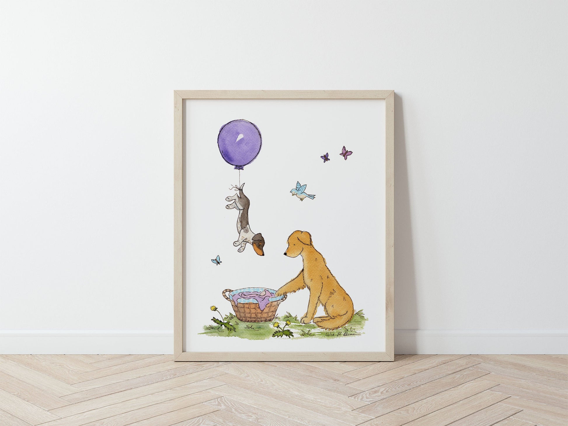 Golden Retriever Nursery Art Print, Dachshund and Golden Retriever with Purple Balloon