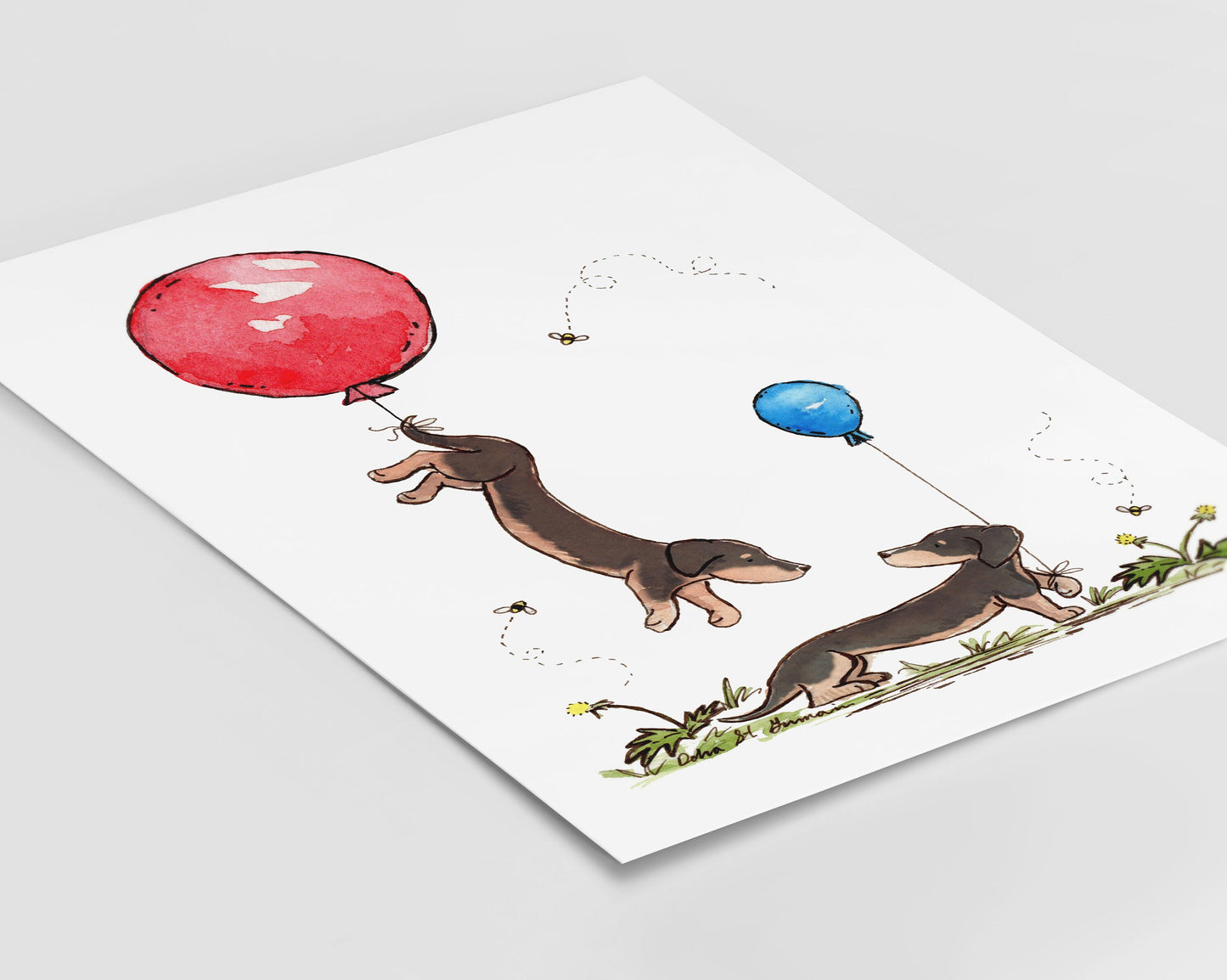 Dachshunds With Red and Blue Balloons Watercolor Art Print