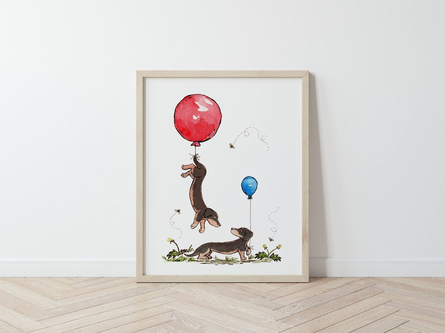 Dachshunds With Red and Blue Balloons Watercolor Art Print