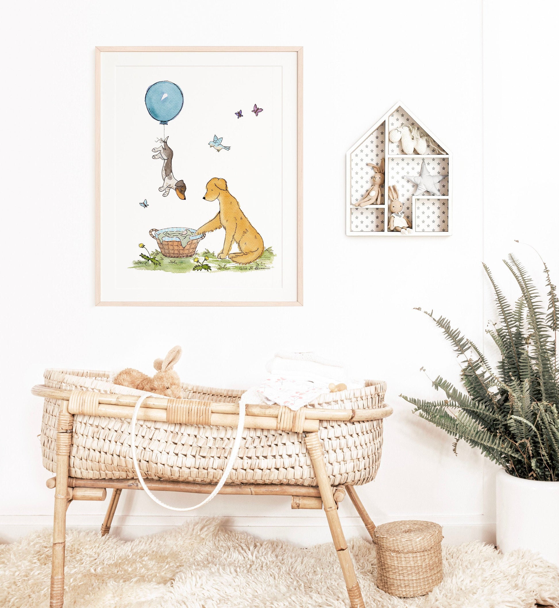 Puppy Nursery Art Print, Golden Retriever and Dachshund with Balloon