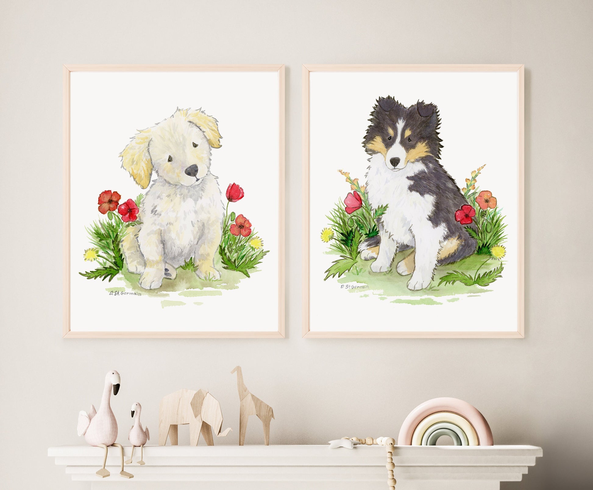 Shetland Sheepdog Art Print, Tricolor Sheltie Puppy with Flowers