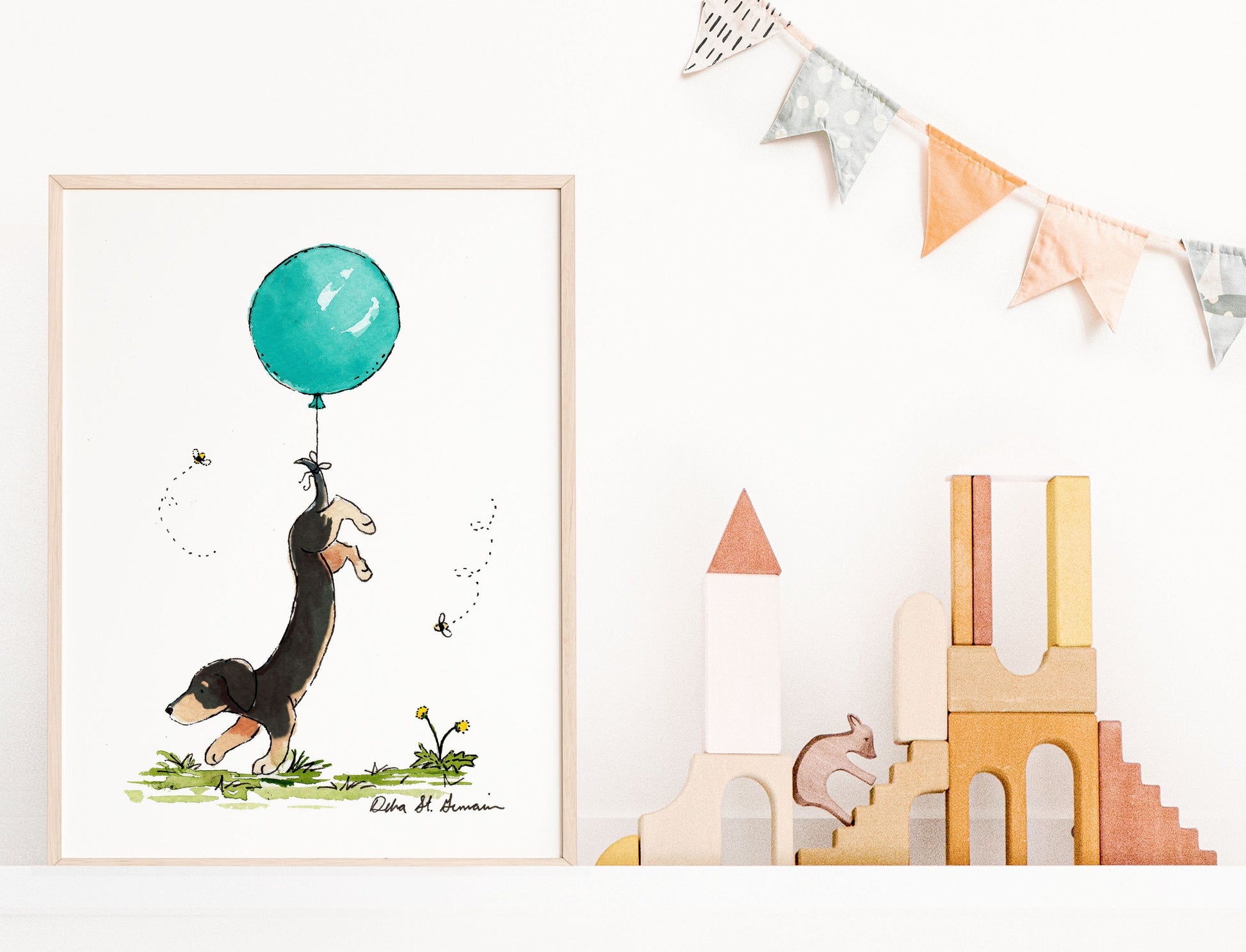 Black and Tan Dachshund with Turquoise Balloon Art Print