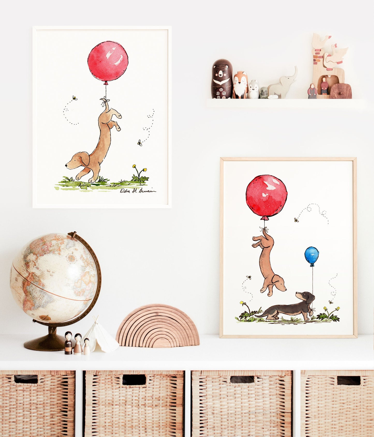 Dachshunds with Balloons Art Print, Puppy Nursery Decor